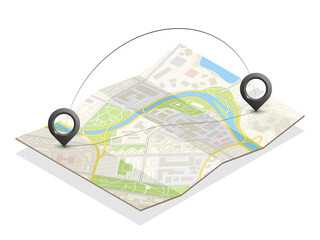 Isometric city map navigation, point markers background, 3d flat isometry drawing schema, 3D simple city plan GPS navigation, final destination arrow paper city map. Route delivery check point graphic