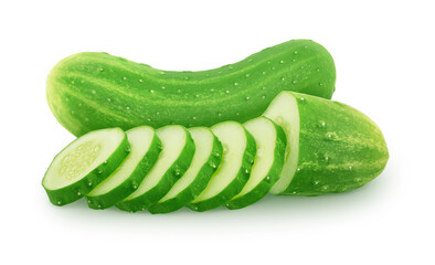 Sliced and whole cucumbers isolated on a white background.