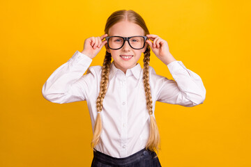 Portrait of friendly satisfied person hands touch glasses toothy smile isolated on yellow color background