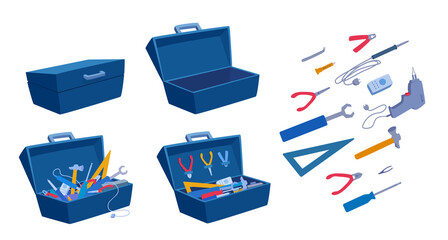 An empty and a full toolbox. Working tools, open and closed box, instrument collection icons. Vector cartoon illustration set isolated on a white background.
