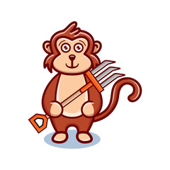 cute monkey farmer cartoon animal holding a farmer's fork