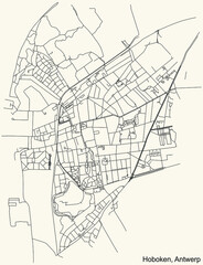 Black simple detailed street roads map on vintage beige background of the quarter Hoboken district of Antwerp, Belgium