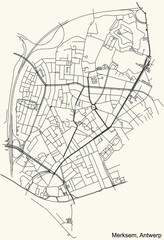 Black simple detailed street roads map on vintage beige background of the quarter Merksem district of Antwerp, Belgium