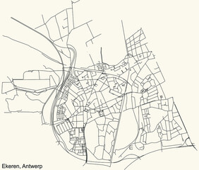 Black simple detailed street roads map on vintage beige background of the quarter Ekeren district of Antwerp, Belgium
