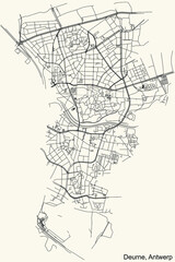 Black simple detailed street roads map on vintage beige background of the quarter Deurne district of Antwerp, Belgium