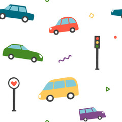Seamless pattern with colorful cars. Illustration on white background.
