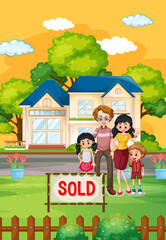 Fototapeta na wymiar Outdoor scene with family standing in front of a house for sale