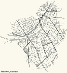 Black simple detailed street roads map on vintage beige background of the quarter Berchem district of Antwerp, Belgium