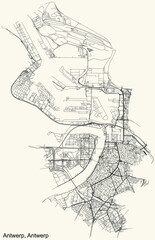Carte des routes de rue simple et détaillée noire sur fond beige vintage du quartier d& 39 Anvers, quartier d& 39 Anvers, Belgique