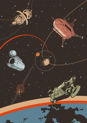 Retro Future Style Space Illustration, Spacecraft, Orbital Station, Planet - obrazy, fototapety, plakaty