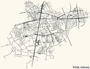 Fototapeta na wymiar Black simple detailed street roads map on vintage beige background of the quarter Wilrijk district of Antwerp, Belgium
