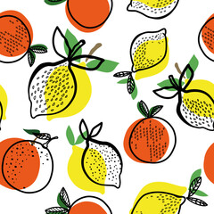 Seamless background with colorful fruits. Bright pattern of lemons and oranges. The pattern consists of lemons and oranges, outlines and shapes. Suitable for decorating fabrics, packaging, notebooks.