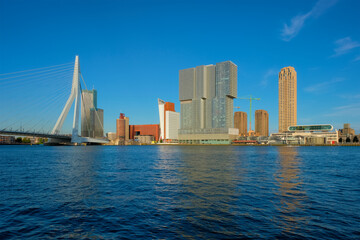 Rotterdam skyscrapers skyline and Erasmusbrug bridge over of Nieuwe Maas river. Rotterdam