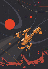 Fototapeta na wymiar Retro Future Style Space Illustration, Spaceship and Unknown Planet's Landscape, Abstract Space Background