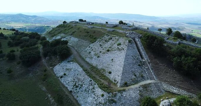 CORUM, TURKEY - Jul 07, 2021: A drone view of the Yerkapi pyramid of Hattusa Hattiti ancient city in Turkey