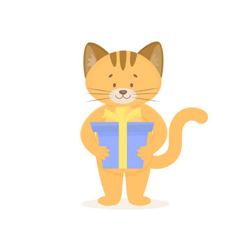 Cartoon cat holding gift. Vector illustration.