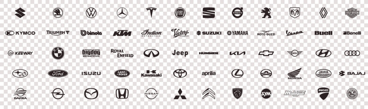 Set logos popular brands cars and motorbikes. Black flat logos isolated on a transparent background. Vector illustration