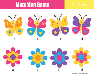 Matching children educational game. Match by color. Make pairs of butterfly and flowers. Activity for kids and toddlers