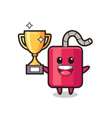 Cartoon Illustration of dynamite is happy holding up the golden trophy