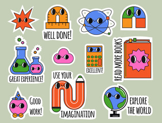 Back to School theme stickers with cartoon supplies characters and slogans for pupils, kids and children.