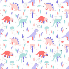 Seamless pattern with dinos in pastel colors, pine trees, bushes and leaves. Cute doodle childish design. For prints, backgrounds, wrapping paper, textile, linen, wallpaper, etc. 