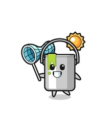 paint tin mascot illustration is catching butterfly