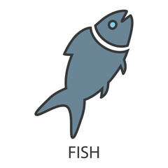 Fototapeta premium The fish icon with the inscription. A gray-blue fish with a gray outline. A product that causes an allergic reaction. Vector illustration isolated on a white background for design and web.