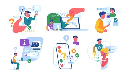 Customer support service. Call center workers, round-the-clock online assistant, chatbot aide, consumers and hotline operators vector set