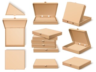 Cardboard pizza box. Realistic craft paper food packing template, open, closed, different viewing angles, single objects, stacks vector set