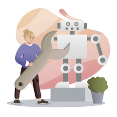 Robotics. Isolated flat style colored illustration. School lessons. Development of robots.