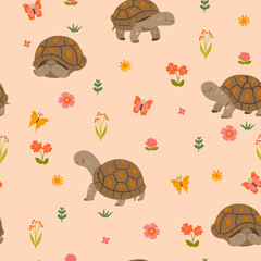 Seamless pattern with cute land turtles. Vector graphics.