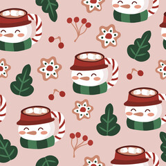 Merry christmas holiday cute cafe cup snowman and biscuit seamless pattern for fabric, linen, textiles and wallpaper