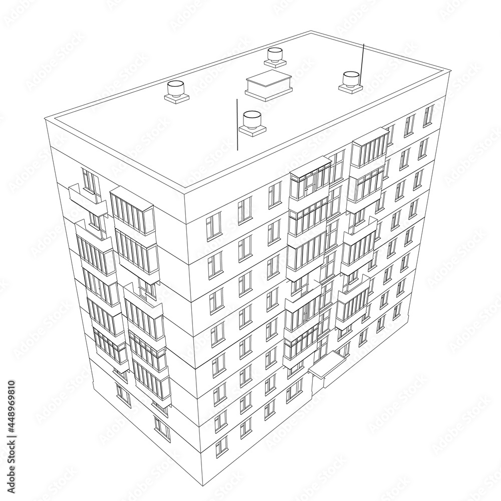 Poster contour of a multi-storey residential building from black lines isolated on a white background. 3d. 