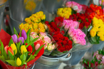 Flower bouquets on sale in a supermarket