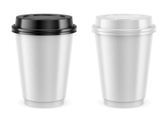Two blank paper coffee cups with plastic caps