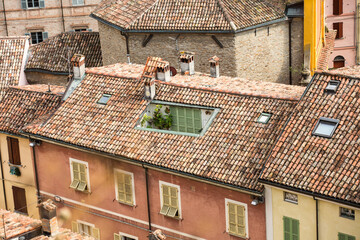 Fototapeta na wymiar Brisighella, Ravenna, Emilia-Romagna, Italy.Close up aerial view of the ancient city with tiled roofs.Old Town