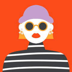 Beautiful portrait of young bold girl with hat and sunglasses modern flat vector illustration