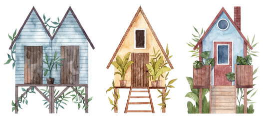 Set of three small bungalow isolated on white background. Hand painted watercolor tiny cute houses with palms and tropical lush on background. Houses on piles