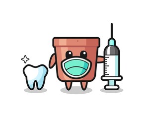 Mascot character of flowerpot as a dentist