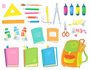 Set of school supplies. Books, exercise books, pens, pencils, compass, paints, brush, eraser, scissors, rulers and backpack. In cartoon style. Isolated on white background. Vector flat illustration