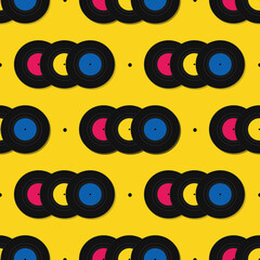 Vinyl records and dots cute and colorful cartoon style vector seamless pattern background.