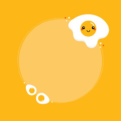 Cute cartoon style fried egg character round frame, card template, background for breakfast design. 
