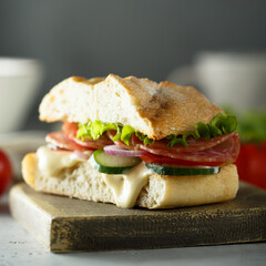 Homemade sandwich with salami and cucumber