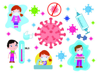 Coronavirus vaccination hand drawn Doodle cartoon set of objects and symbols