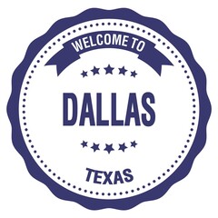 WELCOME TO DALLAS - TEXAS, words written on blue stamp