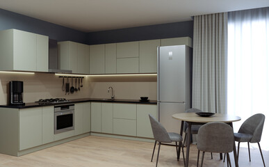 Modern kitchen in pastel colors. Kitchen furniture design. Dining table on the background of the kitchen. 3d render