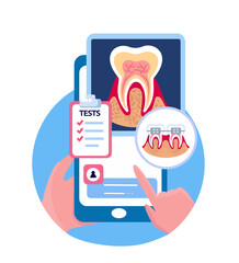 Online Touchscreen Stomatology Mobile Application.Smartphone Tooth dental X Ray Ridiography,Rontgen Tests.Clinic Consultation,Medical.Internet Diagnostics.Digital Braces Treatment.Vector Illustration