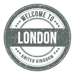 WELCOME TO LONDON - UNITED KINGDOM, words written on gray stamp