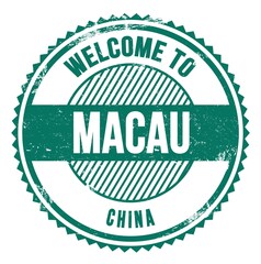 WELCOME TO MACAU - CHINA, words written on green stamp