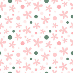 Delicate floral seamless pattern on white background. Pink flowers, green dots repeat print. Cute hand drawn ornament for textile, fabric, wallpaper, wrapping paper and decoration.